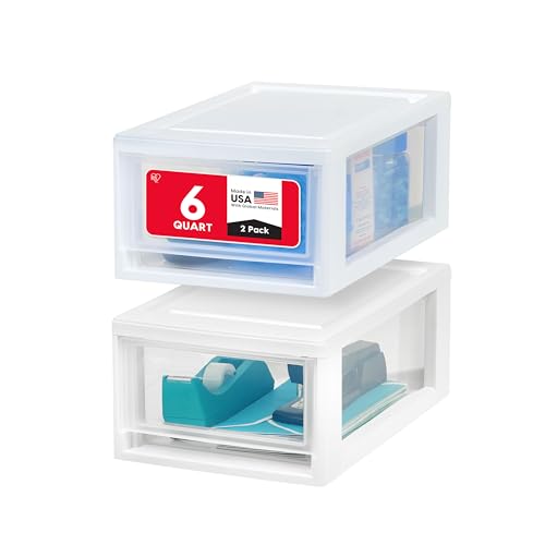 IRIS USA 6 Qt. Plastic Drawer Storage Organizer Stacking Drawers, 2-Pack, Stackable Unit with Sliding Drawer for Bedroom Kitchen Under Sink Pantry Craft Room Bathroom Dorm Office, White