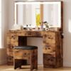 IRONCK Vanity Makeup Desk Set with Adjustable LED Mirror, Vintage Brown