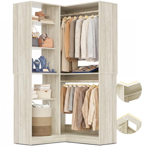 iSunirm 36'' Corner Closet System with Adjustable Shelves, Heavy Duty Corner Closet Organizer System with 7 Shelves & 2 Hanging Rods, Versatile L Shaped Walk-in Closets, Load 800+LBS, White Oak
