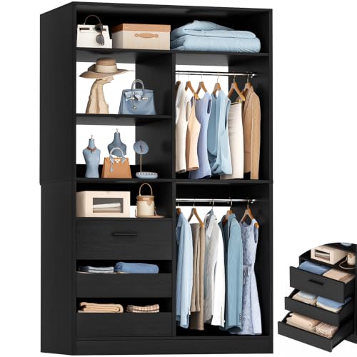 iSunirm 3FT Closet System with 6 Shelves, 36'' Modular Closet Organizer System with 2 Hanging Rods, Wood Walk-in Closet with Closed & 2 Half-Open Drawers, 80" H Adjustable Garment Rack, Black
