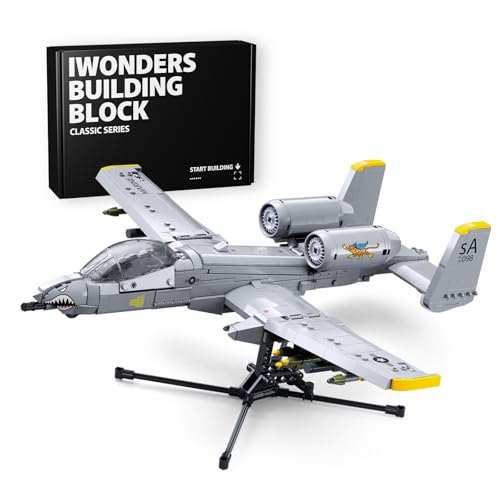 iWonders A-10 Thunderbolt II Warthog Fighter Jet Building Blocks Set, Cold War Attack Aircraft Model Plane w/Opening Cockpit Retractable Landing Gear Display Stand, Kids Gifts Ages 6+