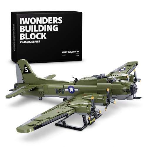 iWonders B-17 Flying Fortress Bomber Plane Building Blocks Set, Large WW2 Classic Military Fighter Aircraft Models with Display Stand, Army Airplane Historical Educational Gifts, Toy Kids 6+