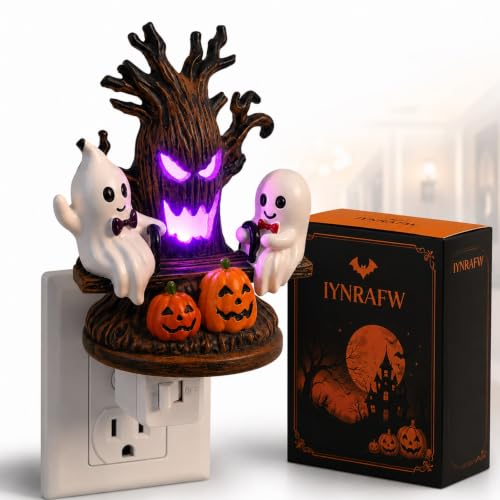 IYNRAFW Halloween Night Light Ghost Lamp Decor Soft LED Spooky Cute Reading Seesaw Moon Tabletop Resin Figurine Room Desk Aesthetic Decoration Non Moving Stationary Display Gift