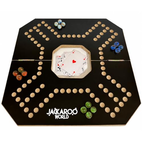 Jackaroo Board Game, 2-4 Player Jokers and Marbles Board Game, Solid Wooden Game with 16 Glass Marbles and 52 Cards, Marble Chase Game, Card and Marble Game, Foldable Board with Carry Bag (Black)