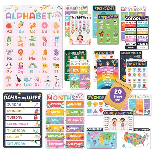 jackinthebox 20 Colorful Pre K Educational Posters for Toddlers - 12 x 17 inches Laminated, Homeschool Decorations, Preschool Posters, Classroom Posters, Easter Gift Learning Posters for Toddlers 1-3.