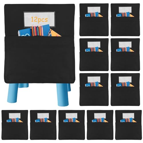 JACKYKSHB 12 PCS Chair Pockets for Classrooms, Seat Sacks for Classroom Chairs K-2 & 3-5, Student Chair Pockets for Back of Chair, Kindergarten School Home Seating Storage, Black, 19.5"x16.5"