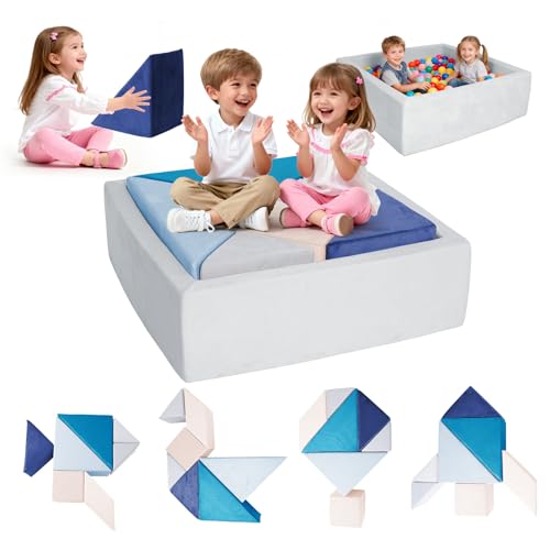 Jadoxy Modular Kids Play Couch Tangram Square Puzzles Sofa Furniture with Ball Pit Toddlers Couch Inspiring Child Creativity Children Building Fort Foam Sofa for Playroom Bedroom,Blue