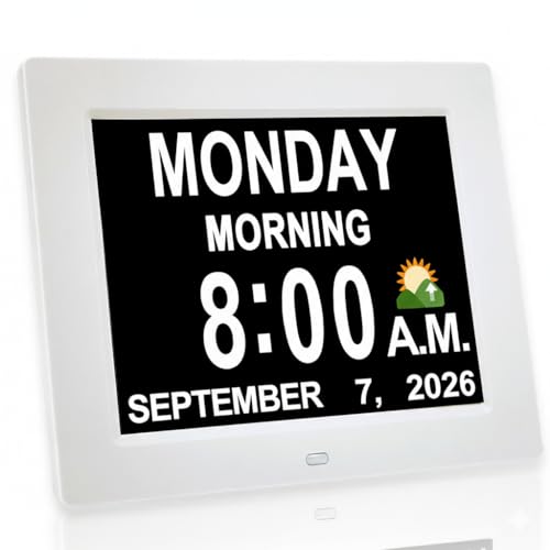 JALL 8" Large Digital Calendar Day Clock for Seniors 2026 - Easy to Read Alzheimer's Dementia Memory Loss Clock for Elderly with IPS Wide Angle,Day & Date, 12 Custom Alarms & Auto-Dimming, White