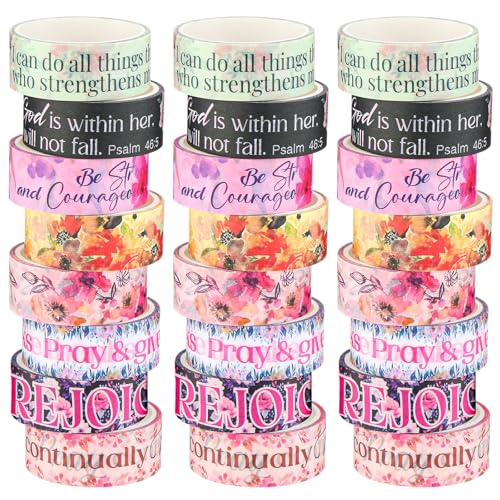Janlaugh 24 Rolls Back to School Christian Washi Tape Gifts Bulk Graduation Vbs Religious Scripture Bible Verse Watercolor Floral Washi Tape for Bible Journaling Crafting Students Study Stationery