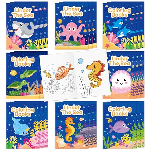 JAPBOR Ocean Animals Coloring Books - 24PCS Under The Sea Mini Colouring Book Bulk for Party Favors, Sea Animal Summer DIY Art Drawing Booklet Supplies, Birthday Painting Game Goodie Bag Fillers