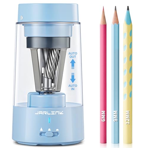JARLINK Electric Pencil Sharpener, Fully Automatic Rechargeable Pencil Sharpener for 6-12mm Pencils, 3 Adjustable Sharpness, Hands-Free, Colored Pencil Sharpener for Classroom Home Office (Blue)