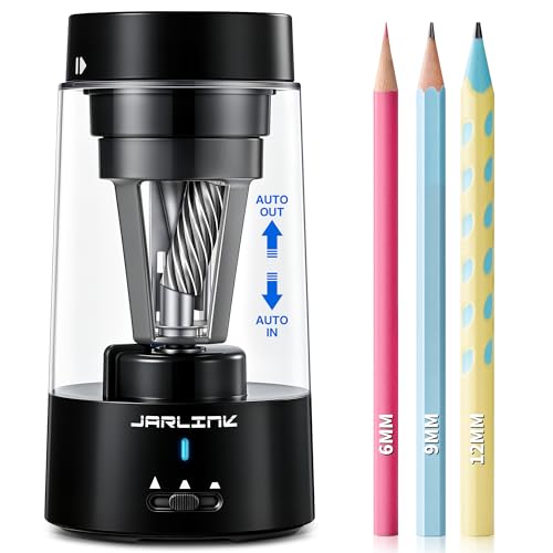 JARLINK Electric Pencil Sharpener, Fully Automatic Rechargeable Pencil Sharpener for 6-12mm Pencils, 3 Adjustable Sharpness, Colored Pencil Sharpener for Classroom Home Office (Black)