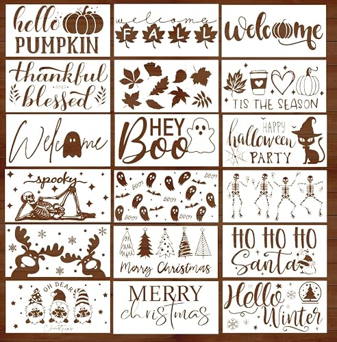 JarThenaAMCS 18 Pcs Fall Halloween Christmas Stencils for Door Mats Pumpkin Ghost Skeleton Elk Xmas Tree Doormat Stencils Reusable Winter Autumn Plastic Drawing Templates for Wood Signs DIY Crafts
