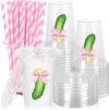 JarThenaAMCS 50Pcs Pickle Party Plastic Cup with Lid Straw, Pink Bow, 12oz