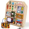 JAUNTY Montessori Wooden Busy Board for Toddlers 3 4 5 Years Old, Wooden Sensory Toddler Toys with LED Light Switches, TV Radio Telegram and Car Driving, Travel Toys Birthday for Boys Girls
