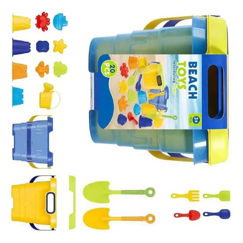 Jazuaiao Bucket Toy Set, 20 Piece Sand Play Set with Carry Handle, Shovels, Watering Can and Shape Pieces for Outdoor Sand Fun and Shore Time Shore Travel Water Fun Portable Beach