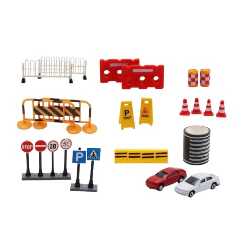 JCRBILW Miniature Traffic Scene Set with Street Signs Warning Cones Barriers Roadblocks Mini Steamroller Car Figures Suitable for Dollhouse Roads Diorama Builds Tabletop Photography Creative Projects
