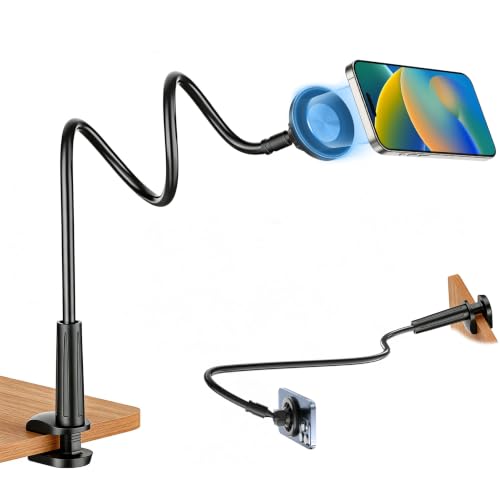 JCTRIWAY Magnetic Gooseneck Phone Holder for Bed, for MagSafe Phone Holder Mount Stand Flexible Goosebeck Arm with Clamp Clip Mount for Desk Bedside for iPhone 17/16/15/14/13/12 and Others