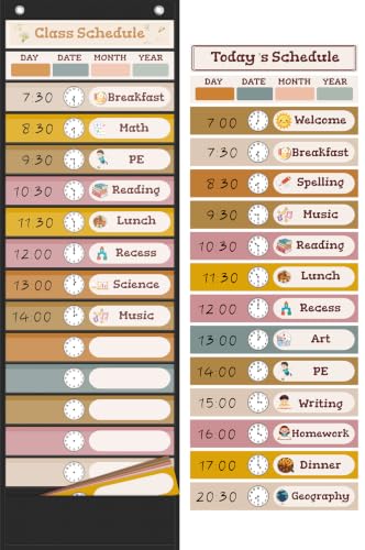 Jercecy 15+1 Pockets Daily Schedule Pocket Chart, Classroom Visual Schedule for Kids with 24 Double Sided Reusable Cards, Classroom Pocket Chart for Office Home Preschool Daily Use, Boho Black