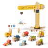 JERIDOO Interactive Wooden Construction Toy Crane, Rotating Base, Lifting Hook, with Vehicles, Excavator, Cement Mixer and Road Signs, 18-Piece Set for Toddlers 3-6, 8, Non-Toxic Wood, Parent-Designed