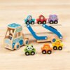 Jessruly Wooden Car Set with Transporter Two Decker Truck with Ramp, Montessori Toy Cars, Animal and Food Matching Game for Early Learning (Animals) (Animals)
