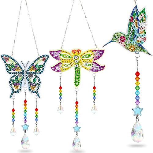 Jetec 3 Pcs Diamond Art Kits Diamond Art Suncatchers Double Sided Wind Chimes DIY Crafts with Crystal Pendant for Window Home Garden Car Decor(Dragonfly, Butterfly, Hummingbird)