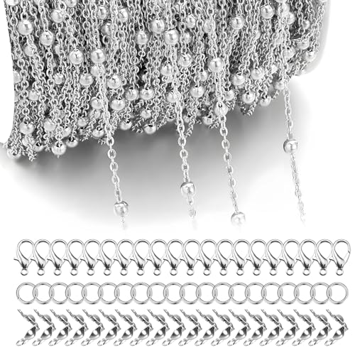 Jewelry Making Chain Kit, 33 ft Stainless Steel Satellite Chain with Beads, DIY Jewelry Making Supplies Set with 100 Findings, Includes Clasps and Jump Rings for Bracelets, Necklaces, Silver