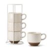JH JIEMEI HOME Large Ceramic Coffee Mug Set of 4 with Stand, 15 Oz Stackable Different Embossment Ribbed Latte Cup Set for Cappuccino, Tea, Hot Cocoa, Drinks - Dishwasher & Microwave Safe, Aged Ivory