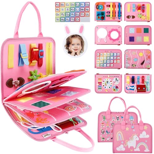 JHkim Busy Board for Toddlers, Sensory Board Travel Toys Gifts for Girls Boys, Montessori Toys to Learn Fine Motor Skills, Educational Activities Busy Book for Airplane Car (Pink)