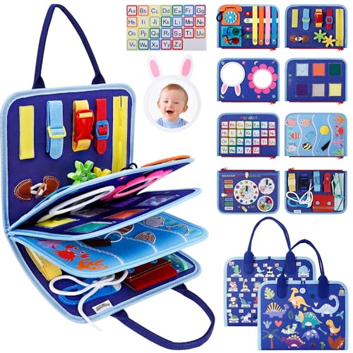 JHkim Busy Board Montessori Toys for Boys Girls Gifts, Sensory Toy for Toddlers, Educational Activities Travel Toy for Airplane Car, Busy Book for Learning Fine Motor Skills, Blue