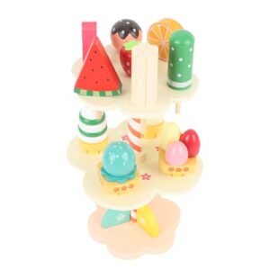 Jiawu Dessert Stand Playset, Safe Beechwood Construction and Creativity Enhancement Wooden Tea Party Set, Wooden Ice Cream Stand with 4 Components 15 Accessories for Kids Toddlers