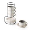 JIEMEI HOME Porcelain Stackable Espresso Cups with Saucers and Metal Stand, 4 Ounce Demitasse Cups for Specialty Coffee Drinks, Cafe Mocha Tea-Set of 4, Stackable Espresso Mugs, White & Green