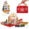 Jieruisha Wooden Barn Toy for Toddlers 1-3, Montessori Traveling Farm with Animal Figures & Car Model, Portable Farm Playset Learning Toy, Christmas Birthday Gift for Baby Boys Girls