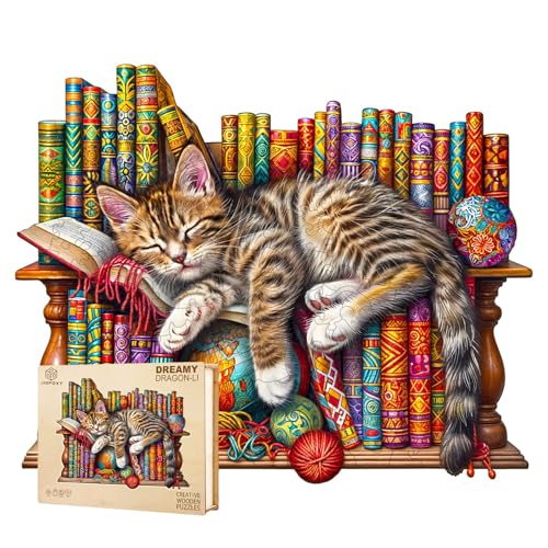 Jigfoxy Wooden Puzzle for Adults, DragonLi Cat Wooden Jigsaw Puzzles for Adult, Unique Animal Shape Wood Cut Puzzles, Christmas Thanksgiving Gifts for Friends Family (M-11.4 * 9.2in-190pcs)