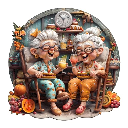 Jigfoxy Wooden Puzzle for Adults, Happy Grandmas Jigsaw Puzzles for Adult, Unique Animal Shape Wood Cut Puzzles, Christmas Thanksgiving Gifts for Friends Family (XL-17.3 * 17.3in)