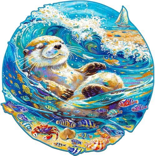 Jigfoxy Wooden Puzzle for Adults, Leisurely Otter Wooden Jigsaw Puzzles for Adult, Unique Animal Shape Wood Cut Puzzles, Christmas Thanksgiving Gifts for Friends Family (S-8.5 * 8.3in-100pcs)