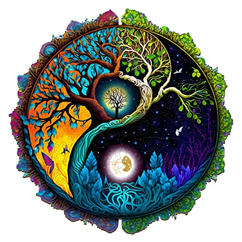 JIGFOXY Wooden Puzzle for Adults, Tree of Life Wooden Jigsaw Puzzles, Unique Zen Shape Puzzles, Christmas Thanksgiving Gifts for Family Friend (L-13.8 * 13.8in-300pcs)