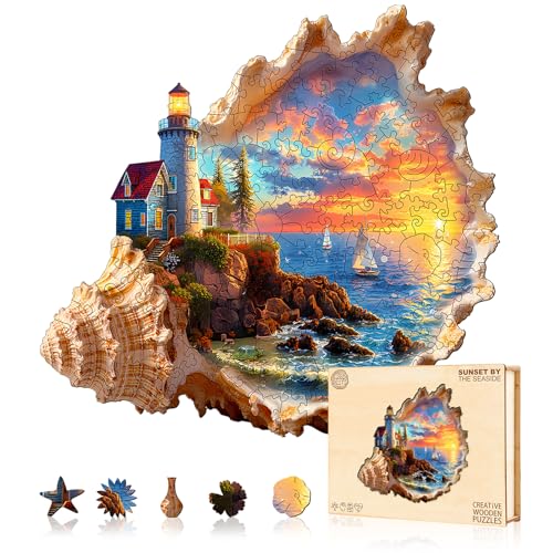 Jigfoxy Wooden Puzzles for Adults, Sunset by the Seaside Wood Puzzles Adult, Unique Animal Shape Wooden Jigsaw Puzzle, for Puzzle Lovers, Family, Friend (L-13.4 * 12.6in-210pcs)