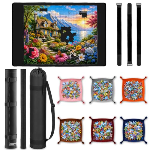 Jigsaw Puzzle Mat Roll Up 1000 Pieces, Rubber Saver Pad 35.4" x 23.6 ", with 6 Sorting Trays & Travel Storage Bag for Sorting Table, Board, Portable Rollup Puzzles Keeper, Non-Slip Rubber Bottom