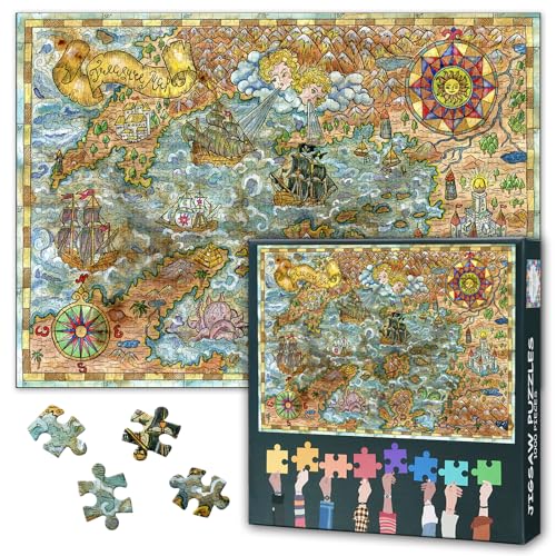 Jigsaw Puzzles for Adults 1000 Pieces, Old Map of Fantasy Lands with Pirate Ships, Monsters, Castles, Treasure Islands 1000 Piece Puzzle, Difficult Impossible, 19.5 x 27.5 Inch