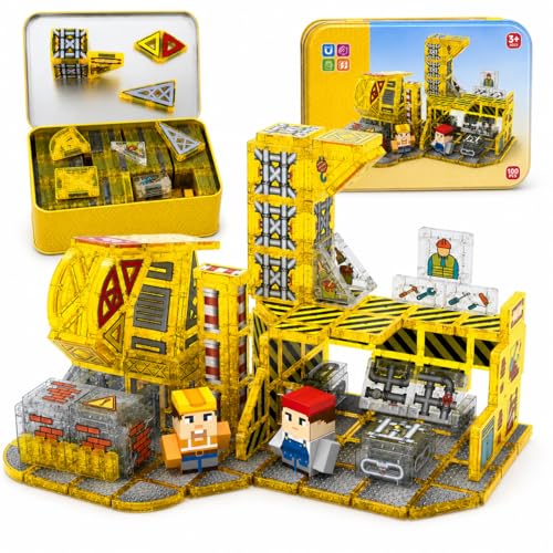 JIMI Mini Magnetic Tiles-Engineering Theme, 100pcs Magnet Building Tiles Travel Set, STEM Educational 3D Blocks with 2 Figures, Magnetic Construction Stacking Toy Gift for Boys Girls Ages 3+