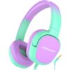 Jimonyer Kids Headphones with Safe Volume Limited for School Travel | 3.5mm Wired, Foldable, Stereo Sound On-Ear Headset for iPad Computer Boys Girls (GreenPurple)