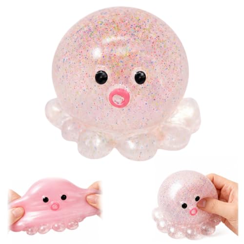 JINGGWW Crystal Sequin Octopus Taba Squishy – Cute Taba Stress Relief Toy, Kawaii Fidget Ball for Desk, Office & Gifts (Glitter Pink)