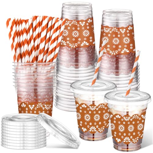 Jingmore 25 Sets Cielito Lindo Party Decoration Disposable Plastic Cups 12 oz Mexican Tumbles with Lids Straws Party Favors Talavera Cups for Mexican Wedding Fiesta Baby Shower Supplies