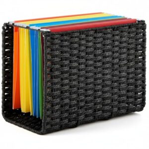 Jingmore Paper Rope Hanging File Basket with Handle 12 x 10 x 6.3 Inch Decorative File Folder Organizer Letter Size Woven Box Organizers Portable Document Storage Box for Office Decor (1 Pcs,Black)