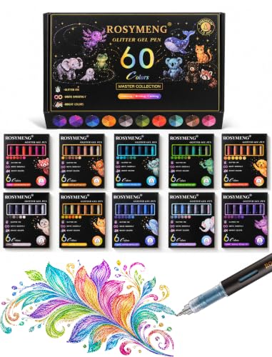 JinMaGDST ROSYMENG 60 Colors Glitter Gel Pens, Precision Detailing, Sparkle Gel Ink Pens with 1.0mm Tips for Fine Outlining, Detailed Painting, Journaling, Rock, Ceramic and Adult Coloring Books