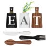 JINRICH 6 Piece Kitchen Decor Chopping Board Eat Sign Forks and Spoons Wall Decor Wooden Restaurant Hanging Sign Rustic Farmhouse Wall Art Home Decor（black, white and brown）