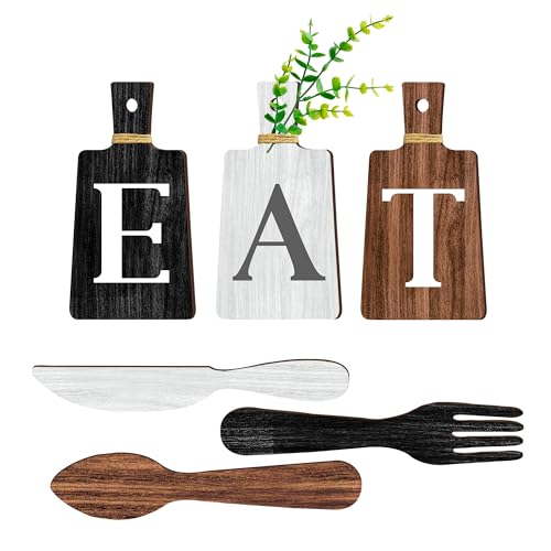 JINRICH 6 Piece Kitchen Decor Chopping Board Eat Sign Forks and Spoons Wall Decor Wooden Restaurant Hanging Sign Rustic Farmhouse Wall Art Home Decor(black, white and brown)