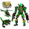 JITTERYGIT Robot Army Buildable Mech Soldier Glow in The Dark Gift Toy Set, Helicopter Military Creative STEM Project, Dinosaur Building Bricks Kit for Kids Ages 6-11 Years Old