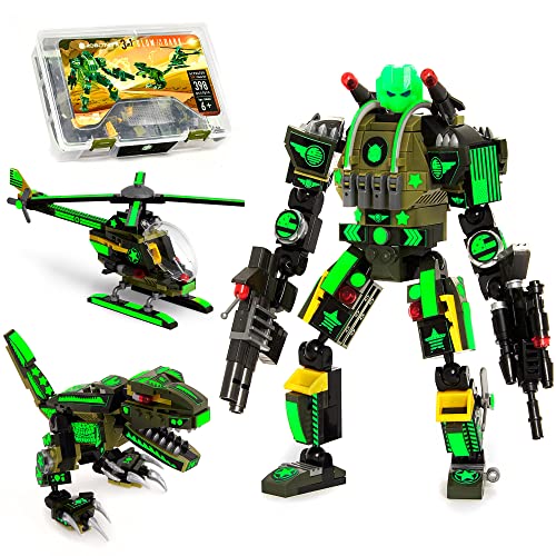 JITTERYGIT Robot Army Buildable Mech Soldier Glow in The Dark Gift Toy Set, Helicopter Military Creative STEM Project, Dinosaur Building Bricks Kit for Kids Ages 6-11 Years Old